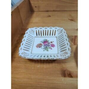 Wales China Japan Floral Reticulated Hand Painted Sq. Dish 4.75" Trinket Candy